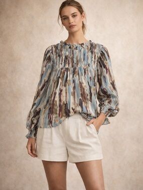 Entro Smocked Boho Blouse Blue Multi Print Statement Top Size Small
